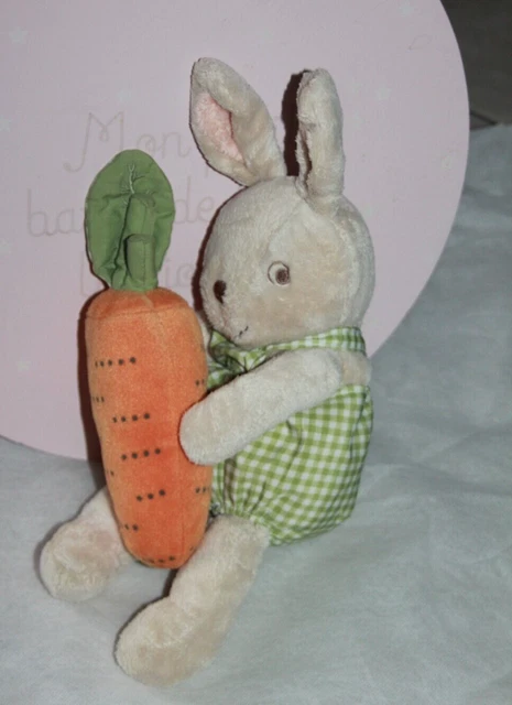 doudou peluche IKEA LAPIN MINNEN KANIN BEIGE VERT CAROTTE ORANGE GRELOT exc état