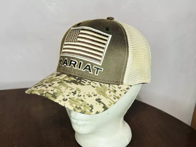 Ariat Mens Hat Baseball Cap  Snap Closure USA Flag Patch Brown