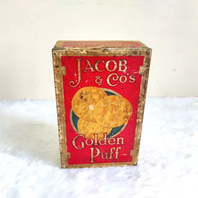 1940 Vintage Jacob & Co's Golden Puff Advertising Biscuits Tin Box England TN296