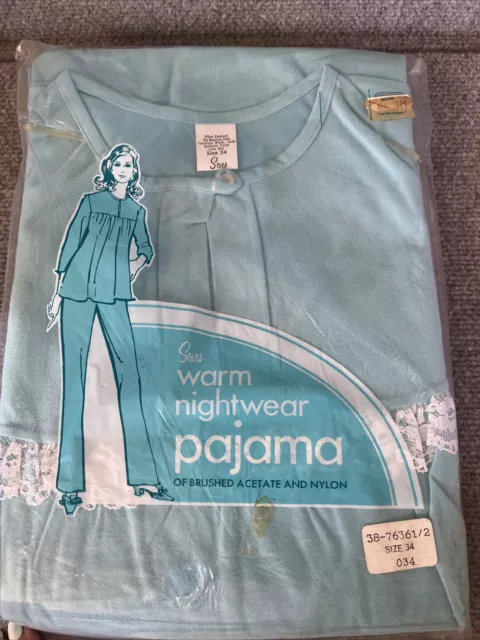 Vintage Sears Warm Nightwear Blue Pajamas Top Shirt Pants Set Size 34 Womens NOS