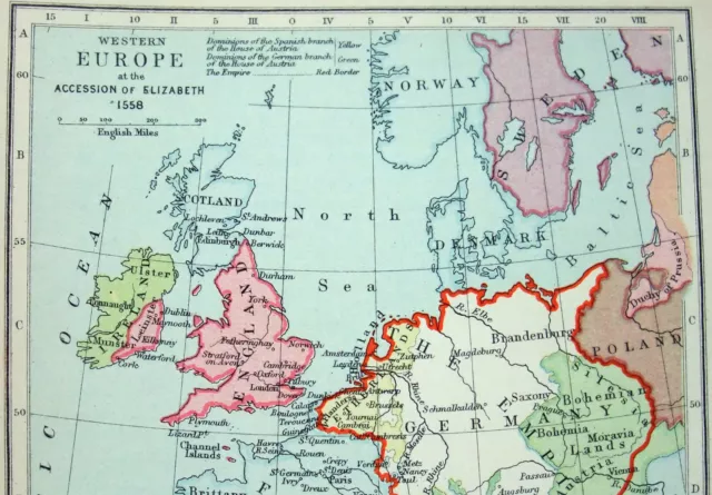 Vintage Longmans Map of Western Europe in 1558 at the Accession of Elizabeth 2