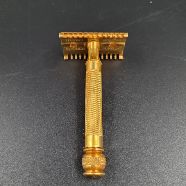 Vintage 1930's Gillette Goodwill Gold Tone DE Ball End Open Comb Razor 4