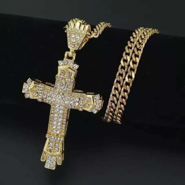 Heavy Silver Gold Cross Pendant Crystal Necklace Chain Hip Hop Men Women Jewelry