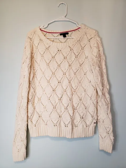 Tommy Hilfiger Women's Sz M Long Sleeve Round Neck Cream 100% Cotton Sweater