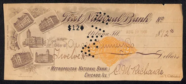 FNB Urbana, IL $12 1900 Bank Check Revenue Stamp w/ University Bldg. Vignettes