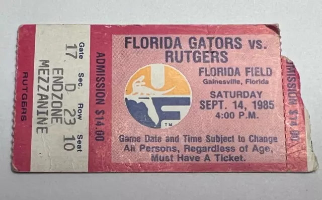 Vintage Florida Gators vs. Rutgers College Football Ticket Stub 1985
