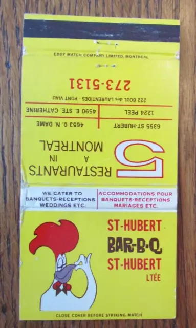 St. Hubert Bar-B-Q Restaurant Matchbook Matchcover: Montreal & Laval, Quebec C18