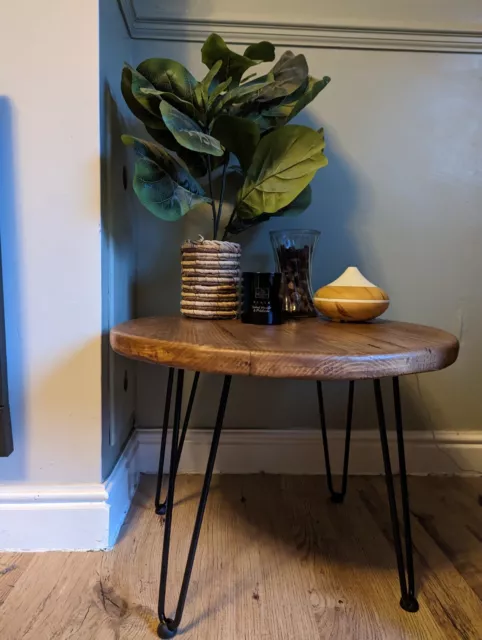 rustic, reclaimed, coffee table, circular table, metal black pin legs  .