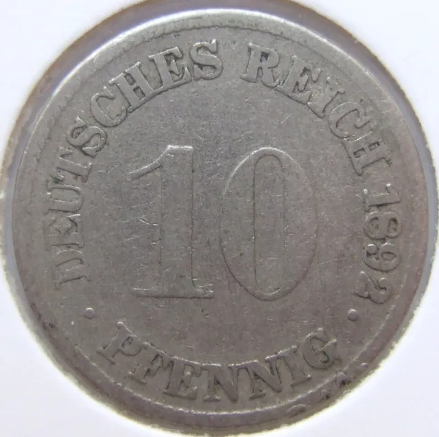 Moneta Reich Tedesco Impero Tedesco 10 Pfennig 1892 G IN fine