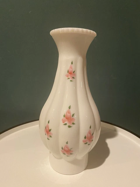 Hurricane Oil Lamp Chimney/Shade Ruffle Milk Glass Pink Roses Flower 9.5”