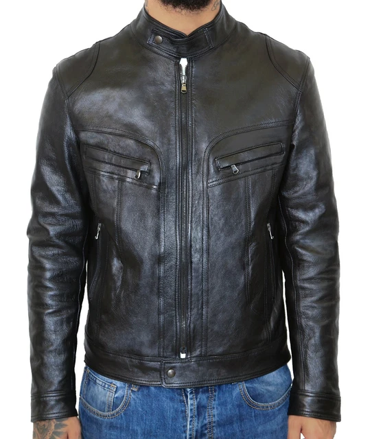 Giacca da Uomo in Vera Pelle Nero Giubbotto Moto Biker Slim Fit VIETRI LEATHER