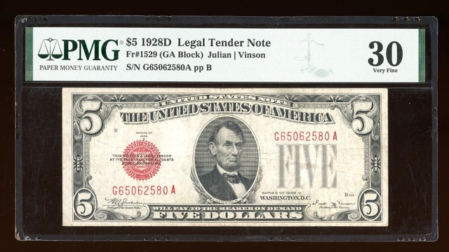 DBR 1928-D $5 Legal Fr. 1529 Vinson GA Block PMG 30 Serial G65062580A