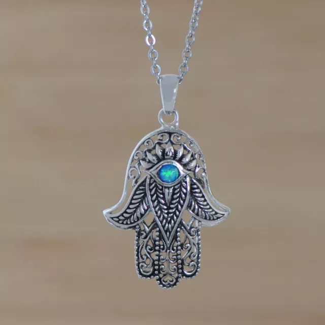 Sterling Silver Hamsa Hand Blue Opal Eye Pendant Handcrafted