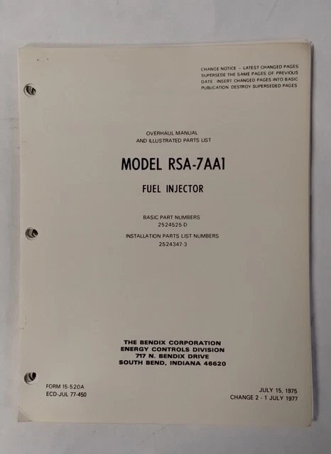 BENDIX RSA-7AA1 FUEL Injector Overhaul Manual & Illustrated Parts List ...