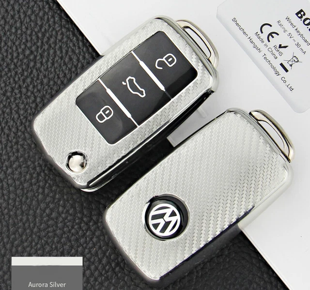 Silver Flip Car Key Keychain Holder Case For Volkswagen Passat Jetta Golf Tiguan
