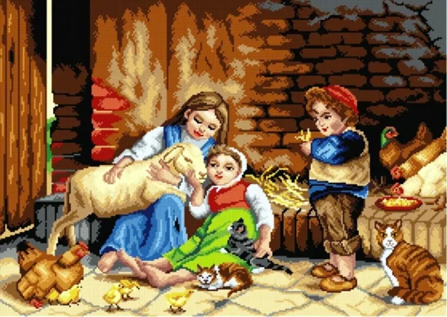 "Children with Animals" Printed Canvas or Threads Needlepoint Kit 2933