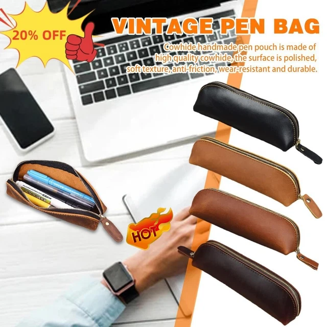 Fashion Handmade Leather Vintage Pen Bag Pencil Case Cosmetic Pouch Brush 2023-