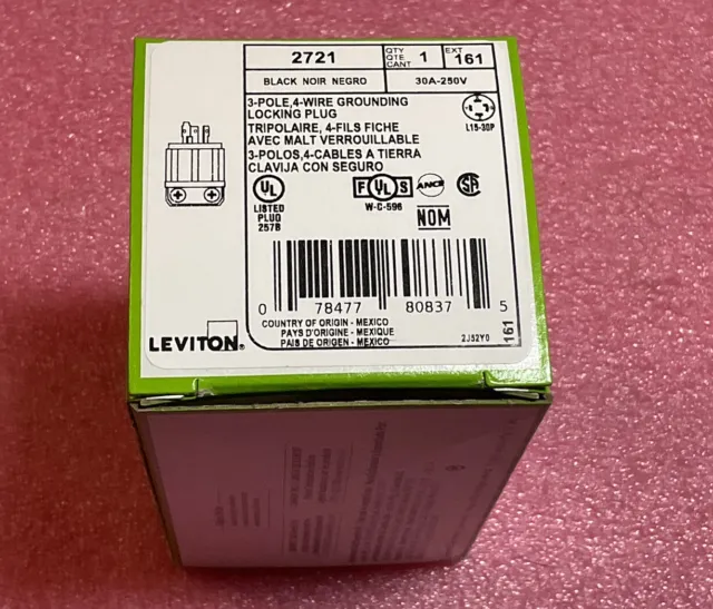 Leviton 2721 3-Pole 4-Wire Grounding Locking Plug, Nema L15-30P, 30A 250V