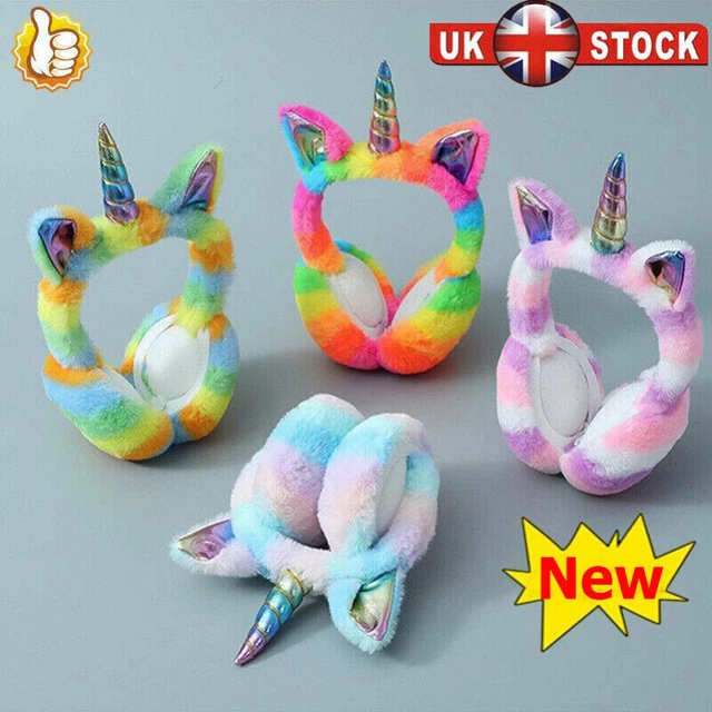 Unicorn Rainbow Pink Blue Plush Faux Fur Warm Girls Ear Muffs Warmers Winter UK