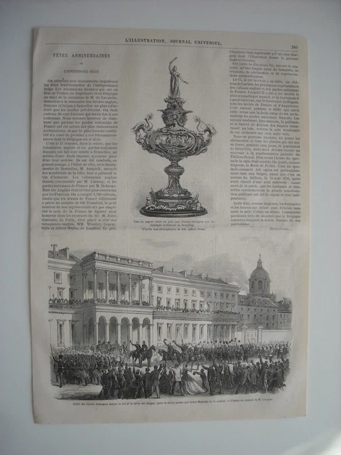 Gravure 1866. Fete Anniversaire Independance Belge. Defile Tireurs Etrangers Roi