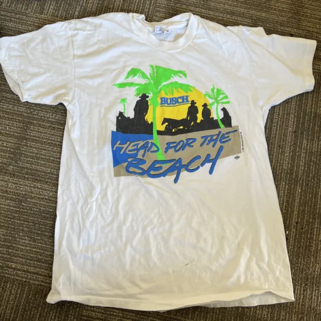 Vintage Busch Head for the Beach 1989 Anheuser-Busch White T Shirt Size Large