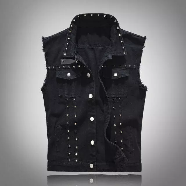 Gilet Denim Borchie Ragazzo Waiscoat Rivetti Biker Punk Rock Uomo Giacca Jeans Top