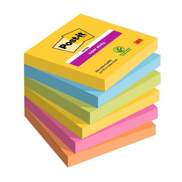 Blocco Post it® Super Sticky - 654-6SS-CARN - 76 x 76 mm - colori Carnival - 90