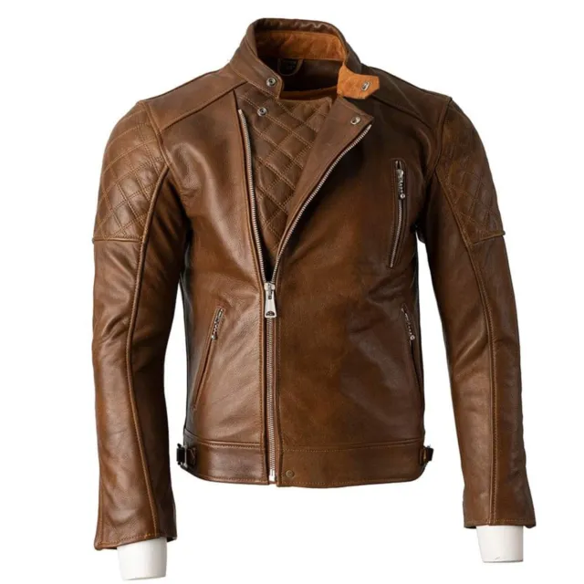 Brown Bobber Mens Motorcycle Jacket Coat Genuine Cowhide Leather Windproof