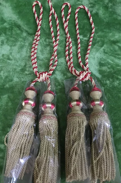 New Vintage 2 Gold Burgundy Drape Tassel Tiebacks Window Curtain Ties Heavy Duty