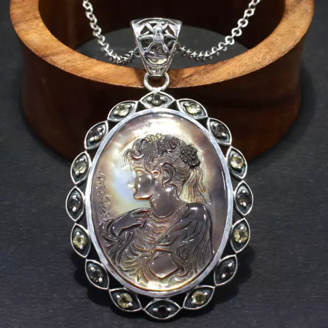 Vintage Abalone Shell Carved Face Pendant Cameo Jewelry Handmade 925 Silver