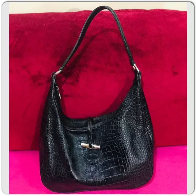 LONGCHAMP Roseau Crocodile Embossed Black Leather Shoulder Bag