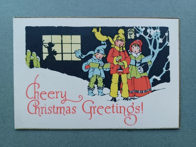 SWEET & COLOURFUL C1920s CHRISTMAS CARD YOUNG CAROL SINGERS - ARTIST DRAWN