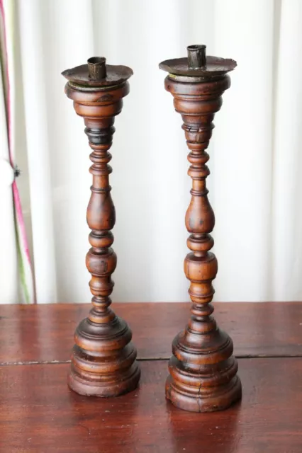Portuguese Pair of Carved and Turned Wood Candlesticks, 17th/18th Century
