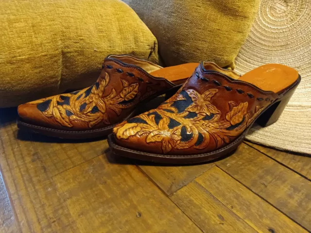 OLD GRINGO HAND Tooled Womens Brown $500 Retail Leather Western Mules ...