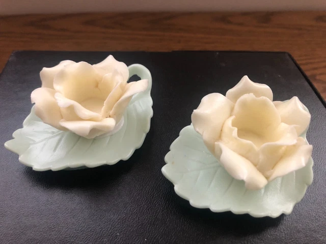 Ardalt Japan Porcelain Candle Holders White Rose Mint green leaf set of 2