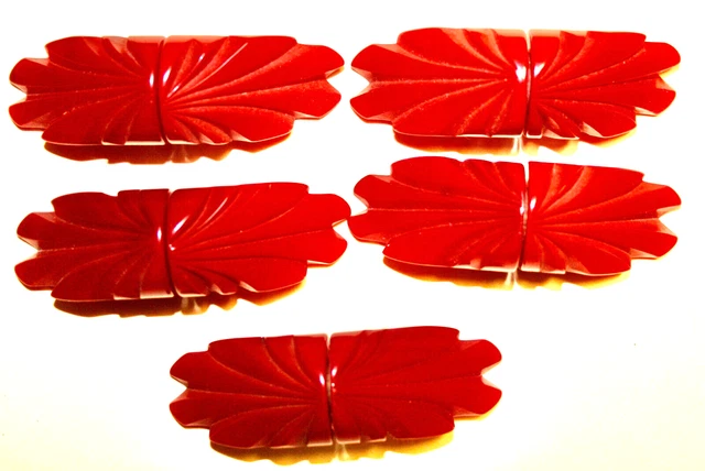 Bakelite Buttons, Art Deco Pull-Apart Carved Red Buttons LARGE, Five