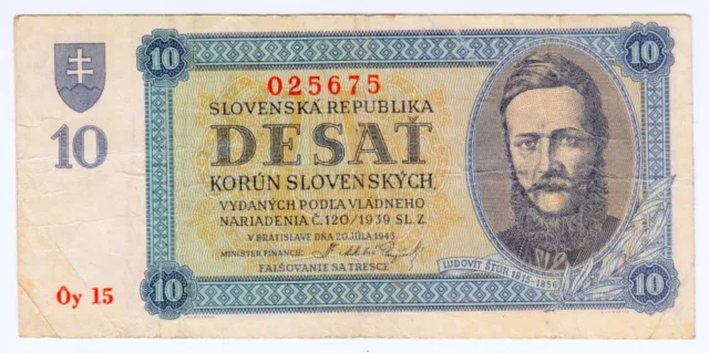 1939 Slovakia Republic 10 Korun 025675 Paper Money Banknotes Currency