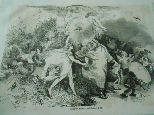 Gravure 1861 - Les Adieux de l'Hiver au Printemps 1861