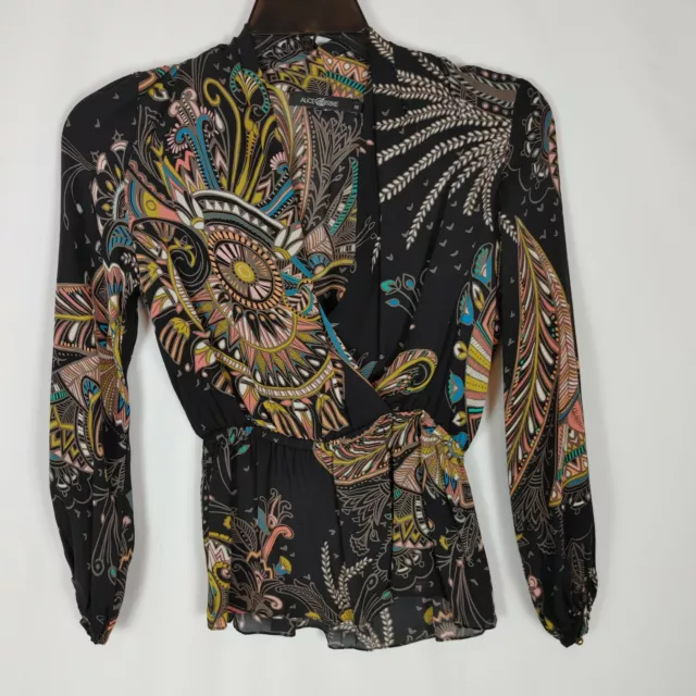 Alice & Trixie Black Faux Wrap Front Long Sleeve Silk Printed Blouse Women's XS