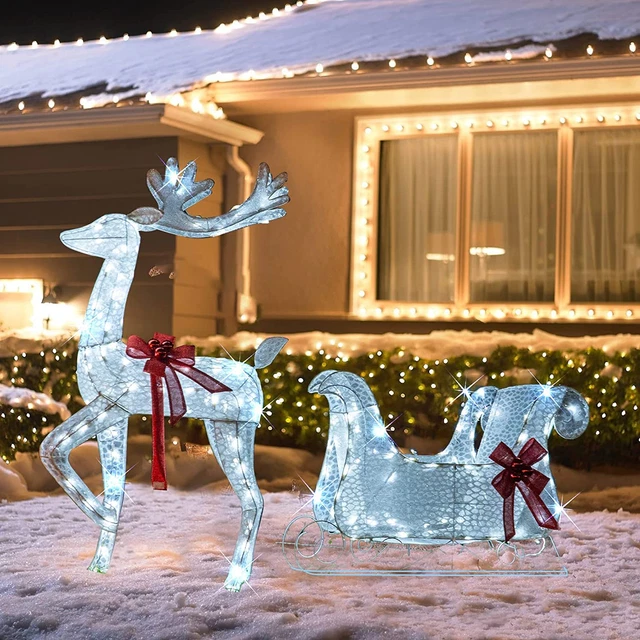 LIGHTED CHRISTMAS DECORATIONS Outdoor, PreLit 3D Santa Sleigh Reindeer