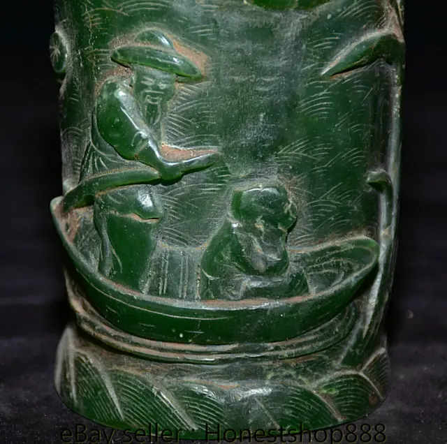 5" Old Chinese Green Jade Carved Dynasty Fisherman Boatman Lotus Brush pot 2