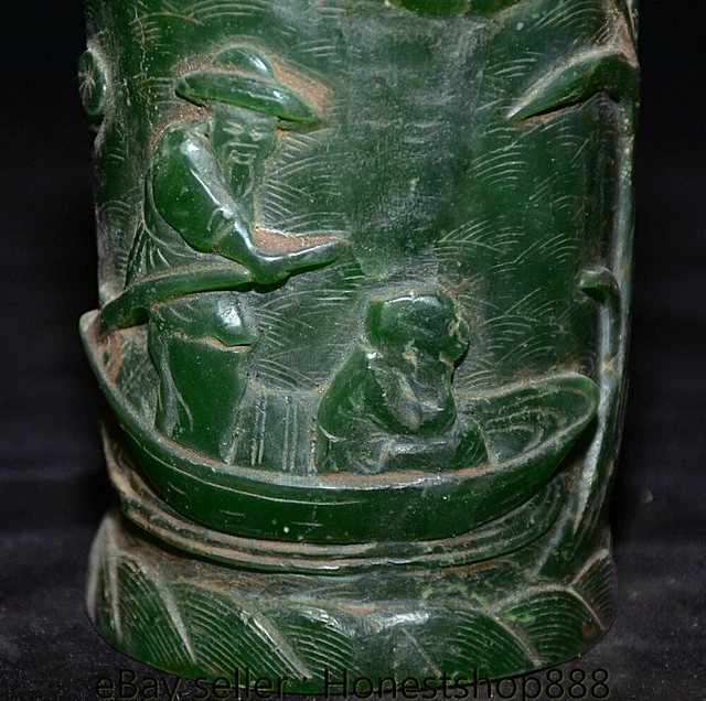 5" Old Chinese Green Jade Carved Dynasty Fisherman Boatman Lotus Brush pot 2