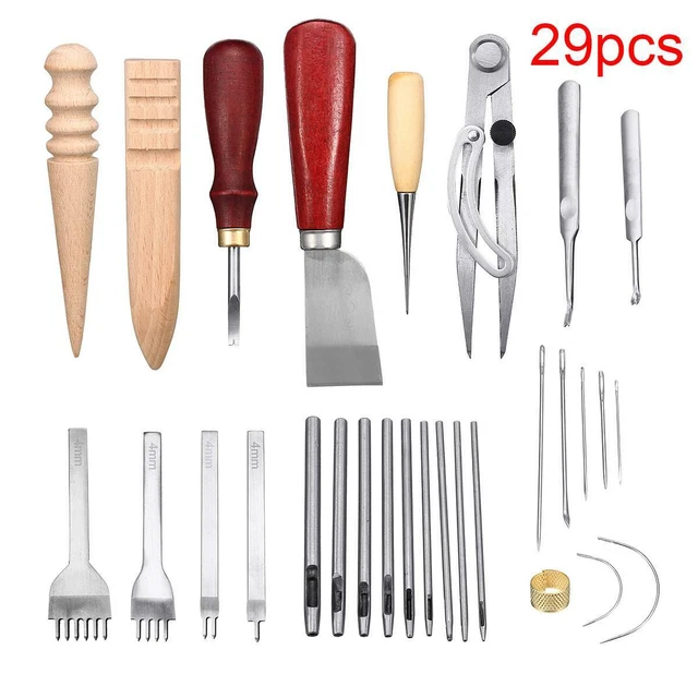 29 PIEZAS/Juego de herramientas manuales artesanales de cuero kit de de dedales roscados chal encerado para mano hágalo usted mismo