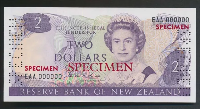 New Zealand: 1981 $2 Hardie SPECIMEN,  Type II, UNC, EAA 000000, VERY RARE