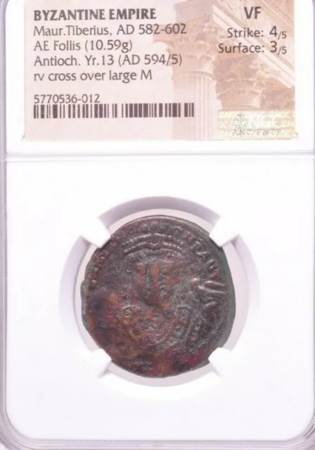 Maurice Tiberius. 582-602. AE Follis.  Antioch Mint. Byzantine . NGC VF 4/5,3/5