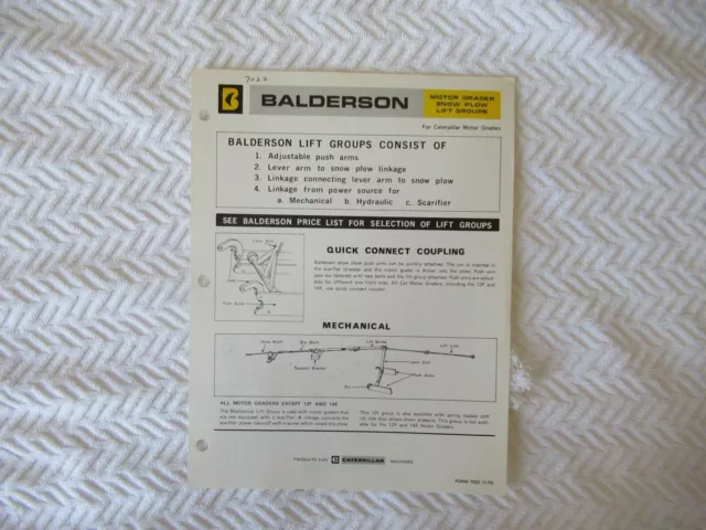 Balderson snow plow lift groups spec sheet brochure CAT Caterpillar motor grader