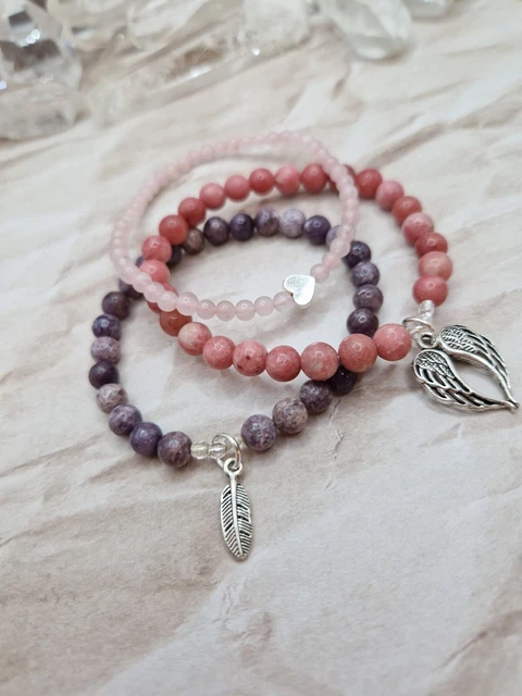 'Mental Health' Bracelet Set - Rhodonite, Lepidolite, Rose Quartz - Pink Purple