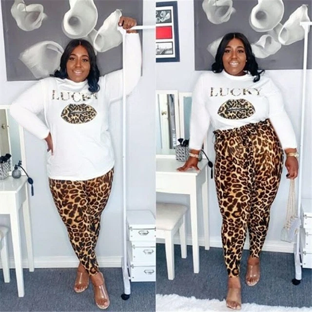 plus size clothes XL-5XL 2 piece set women outfit lucky print top Leopard