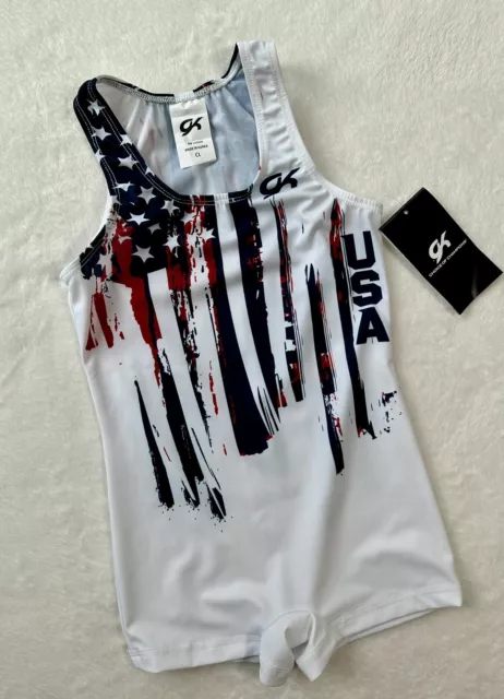 New GK ELITE Gymnastics Leotard SINGLET Olympic USA Boy FIERCE Flag SIZE: AXS
