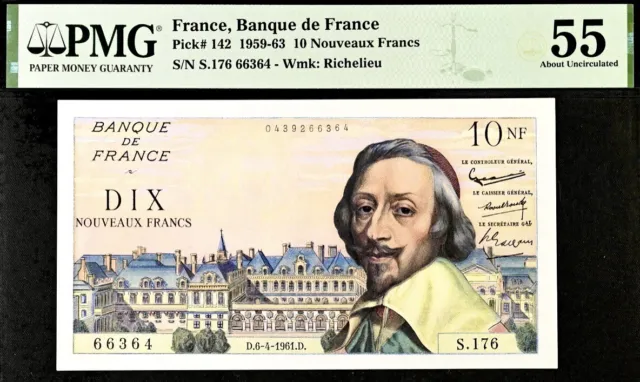 France 10 Nouveaux Francs Pick# 142 1959-63 PMG 55 AU Banknote